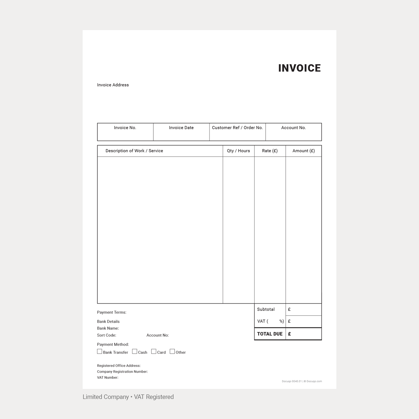 General Business Invoice Template Complete UK Pack – VAT & Non-VAT A4 Fillable PDFs for Ltd, Partnership & Sole Trader (Docuqo 0042)