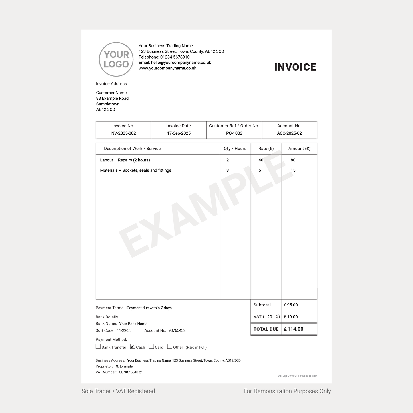 General Business Invoice Template Complete UK Pack – VAT & Non-VAT A4 Fillable PDFs for Ltd, Partnership & Sole Trader (Docuqo 0042)