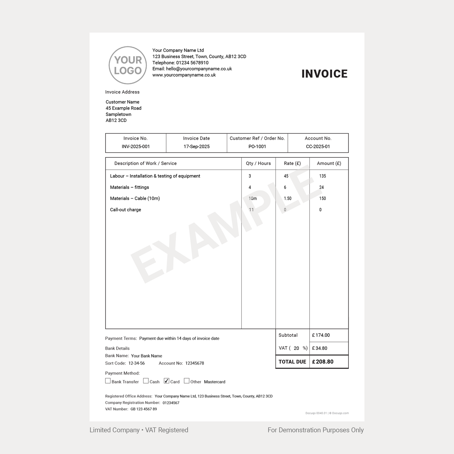 Example of Fillable PDF VAT invoice templates for VAT Registered Limited Company – Docuqo 0040