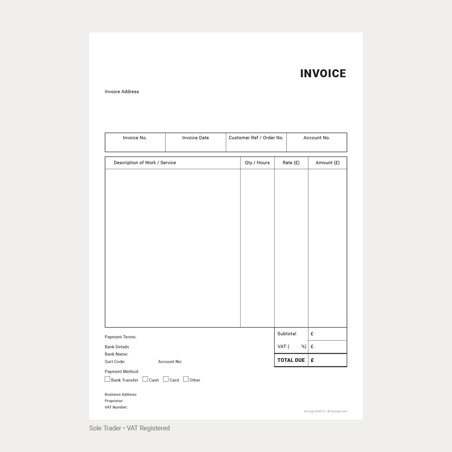 General Business VAT Invoice Template Pack UK – A4 Fillable PDFs for Sole Trader