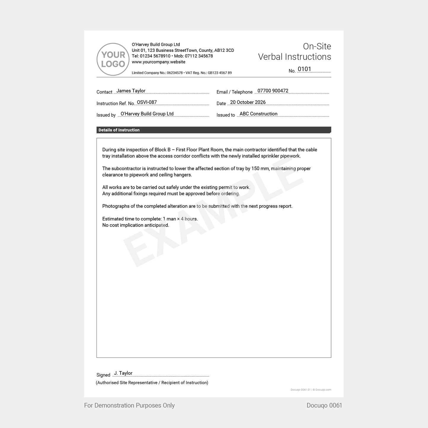 Site Instruction Form – Editable A4 PDF Template (Docuqo 0061)