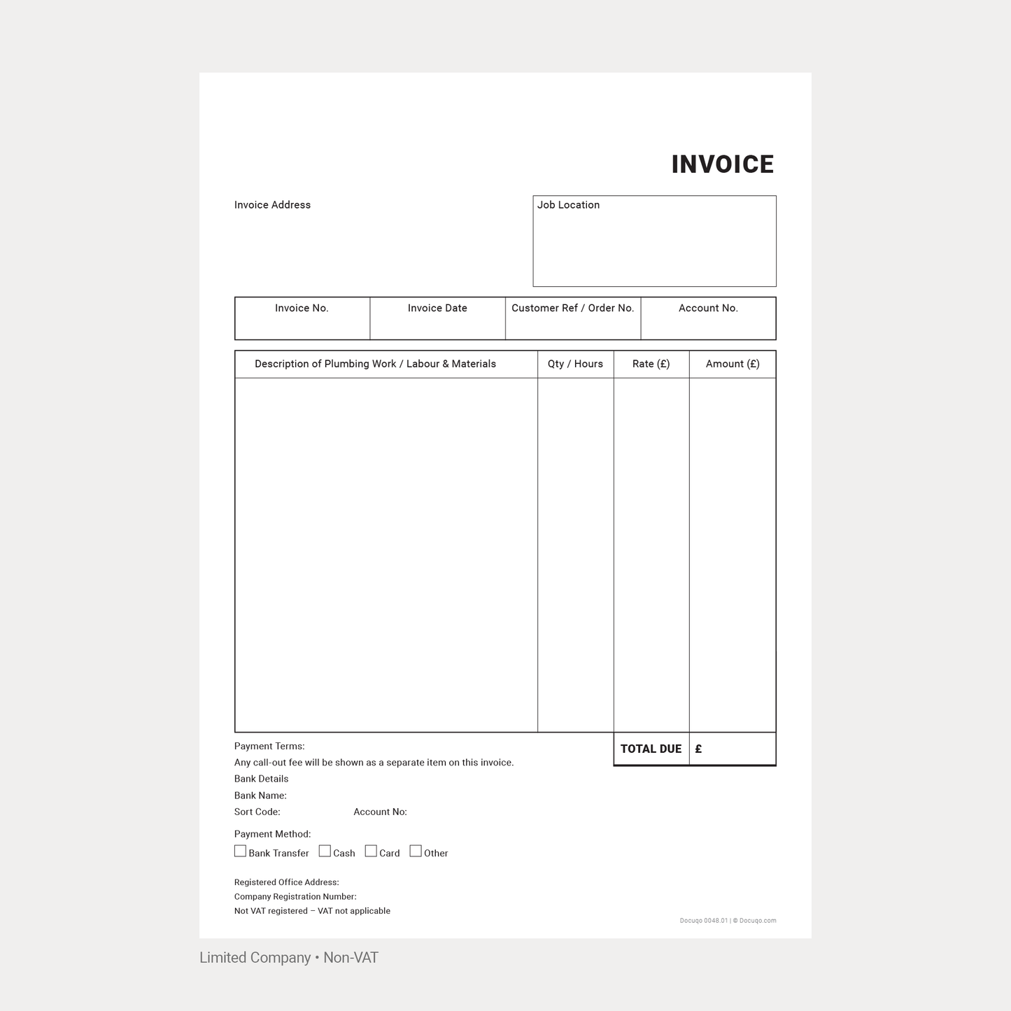 Plumber Invoice Template Complete Pack UK – VAT & Non-VAT A4 Fillable PDFs for Ltd, Partnership & Sole Trader (Docuqo 0049)