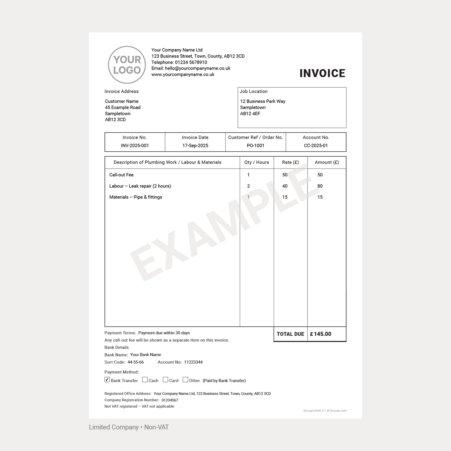 Plumber Invoice Template Complete Pack UK – VAT & Non-VAT A4 Fillable PDFs for Ltd, Partnership & Sole Trader (Docuqo 0049)