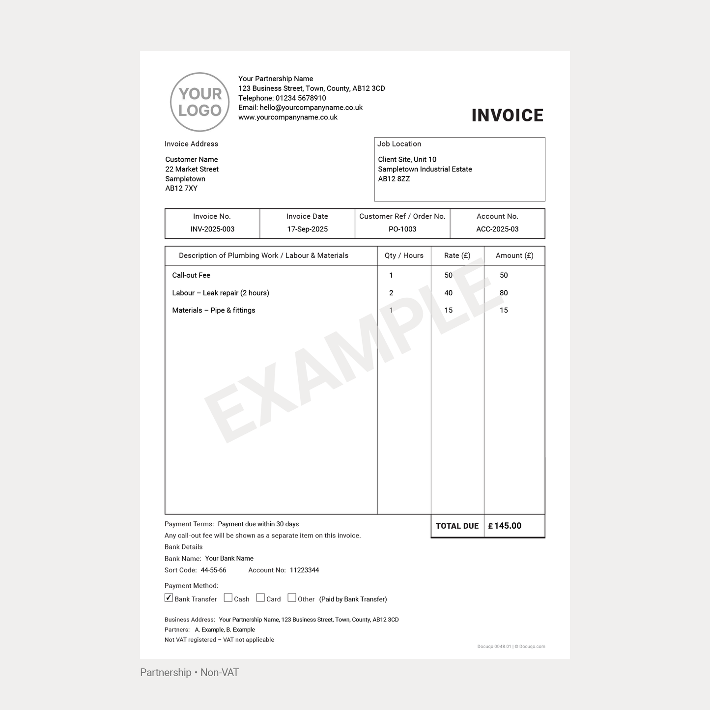 Plumber Invoice Template Complete Pack UK – VAT & Non-VAT A4 Fillable PDFs for Ltd, Partnership & Sole Trader (Docuqo 0049)