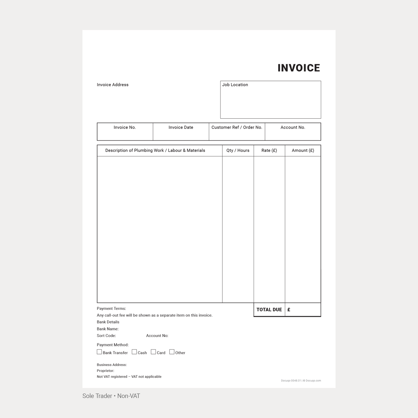 Plumber Invoice Template Complete Pack UK – VAT & Non-VAT A4 Fillable PDFs for Ltd, Partnership & Sole Trader (Docuqo 0049)