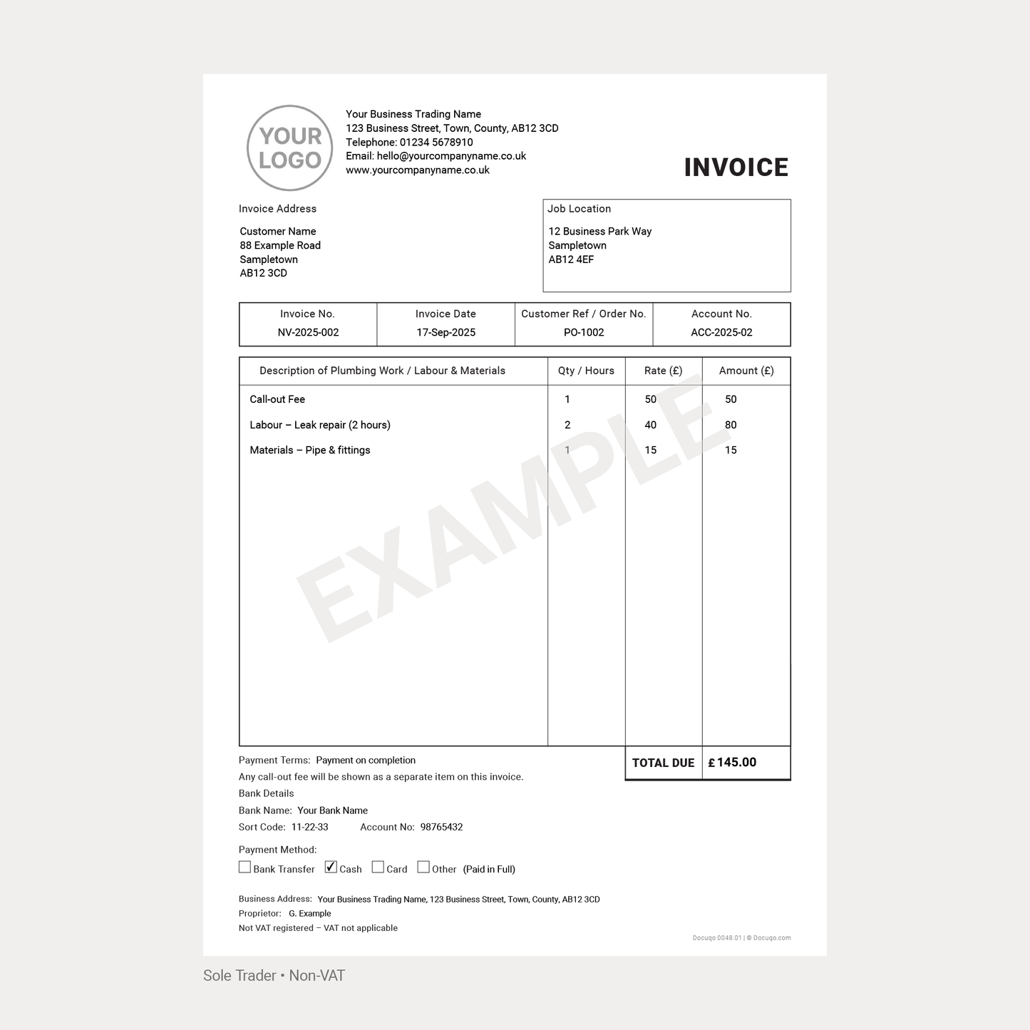 Plumber Invoice Template Complete Pack UK – VAT & Non-VAT A4 Fillable PDFs for Ltd, Partnership & Sole Trader (Docuqo 0049)