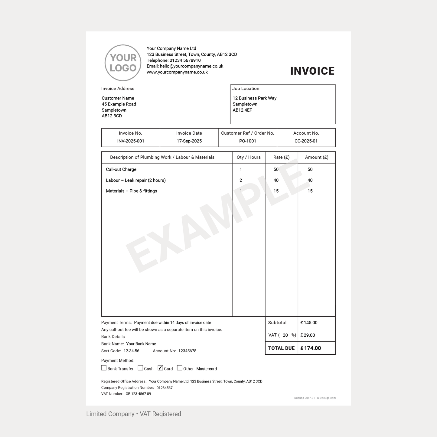 Plumber Invoice Template Complete Pack UK – VAT & Non-VAT A4 Fillable PDFs for Ltd, Partnership & Sole Trader (Docuqo 0049)