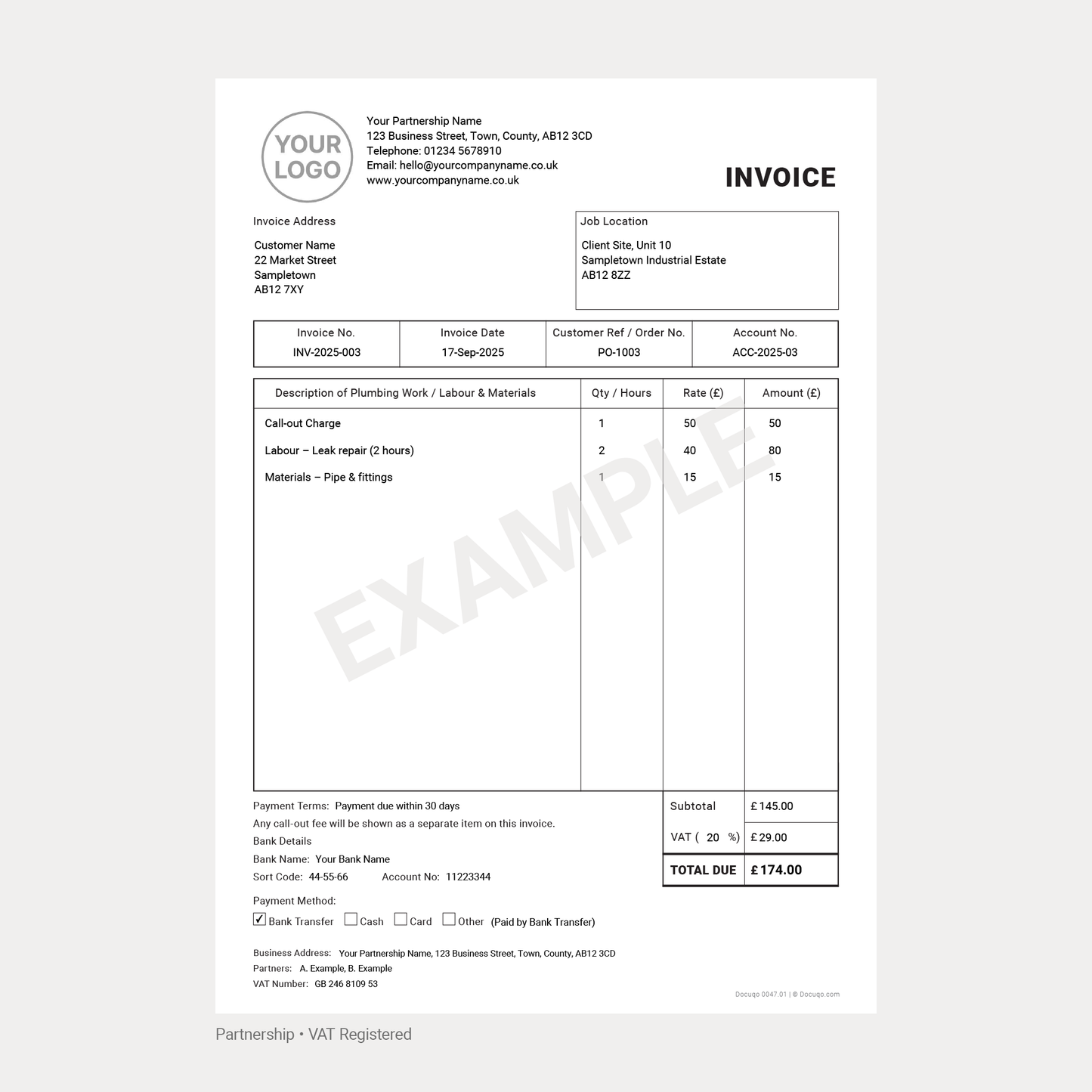 Plumber Invoice Template Complete Pack UK – VAT & Non-VAT A4 Fillable PDFs for Ltd, Partnership & Sole Trader (Docuqo 0049)