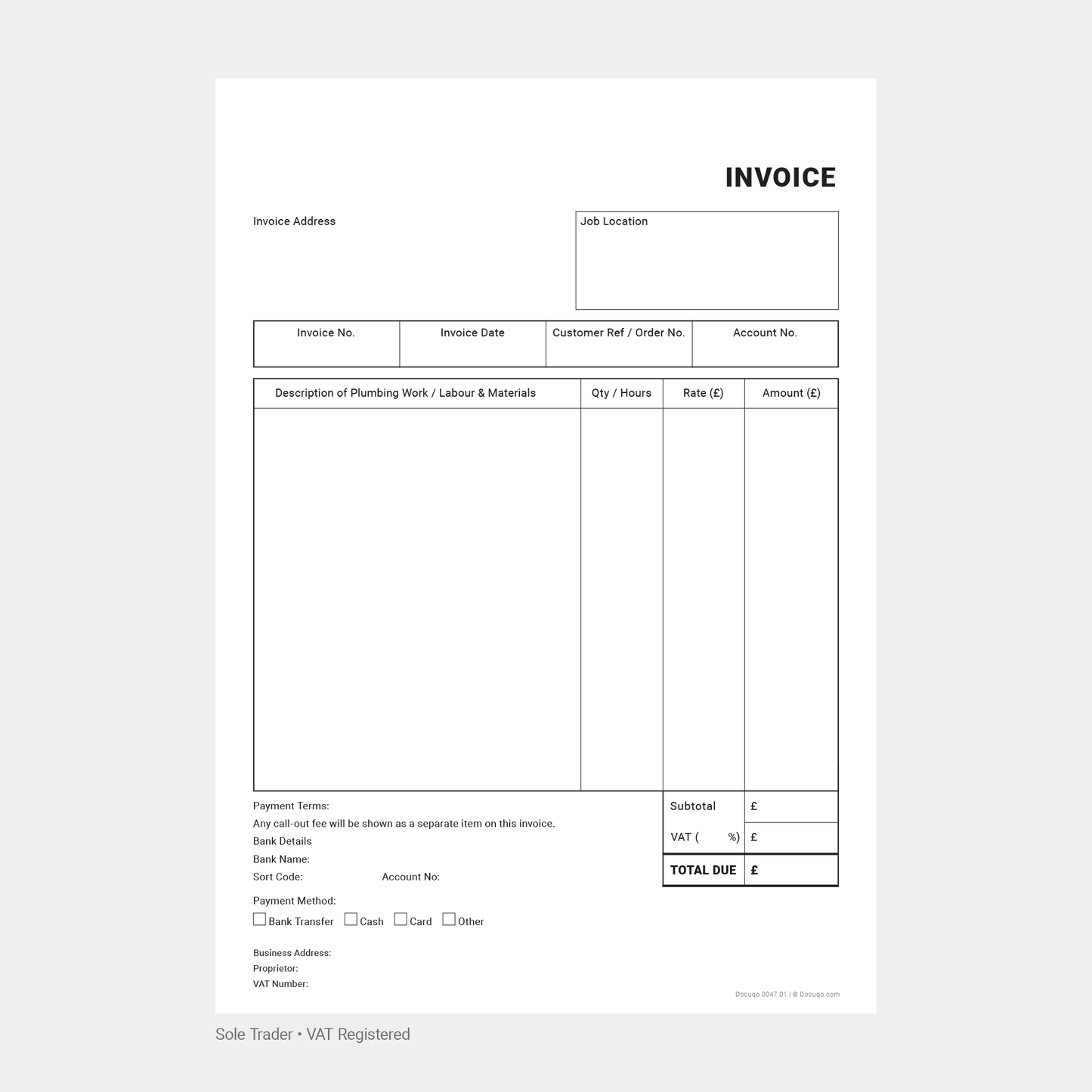 Plumber Invoice Template Complete Pack UK – VAT & Non-VAT A4 Fillable PDFs for Ltd, Partnership & Sole Trader (Docuqo 0049)