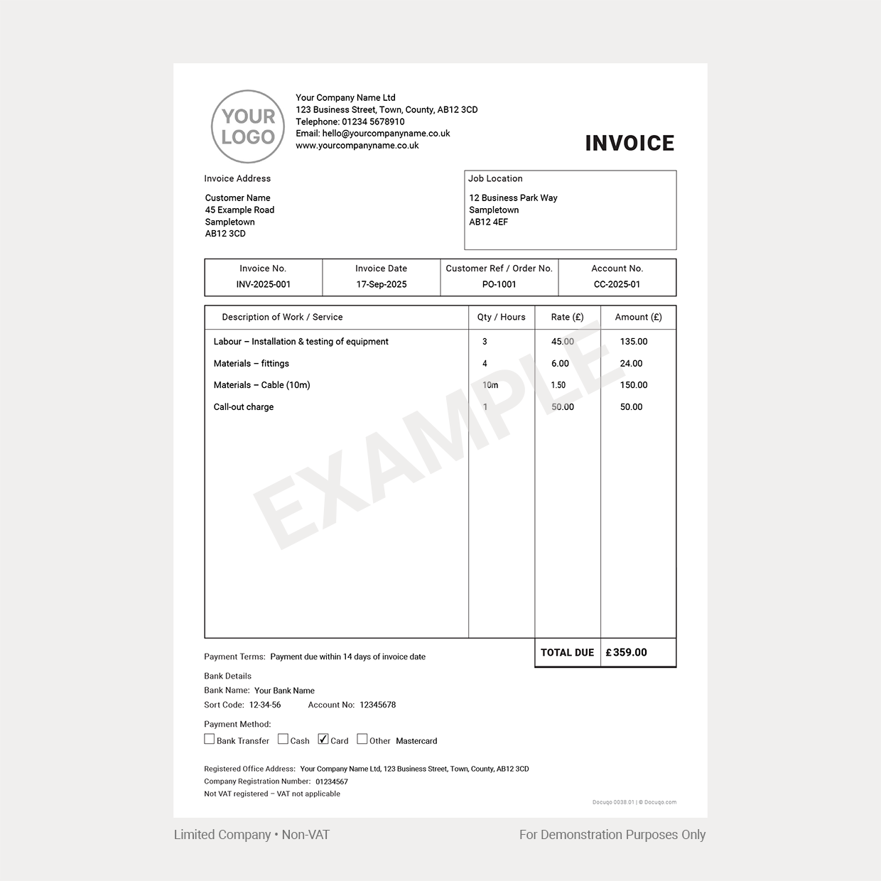 Trade Non-VAT Invoice Template Pack UK – A4 Fillable PDF for Limited Company, Partnership & Sole Trader (Docuqo 0038)