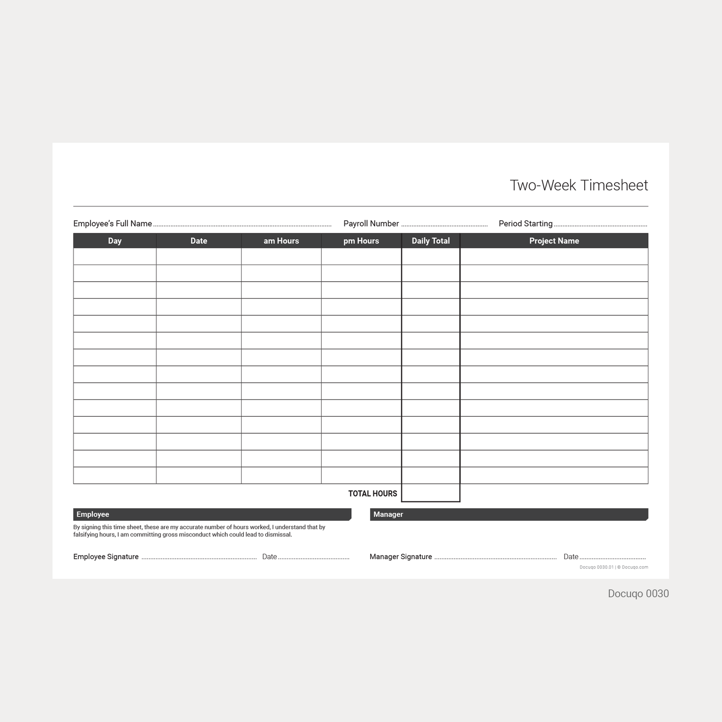 Blank Two-Week Timesheet Template – A4 Fillable PDF for UK Employees (Docuqo 0030)