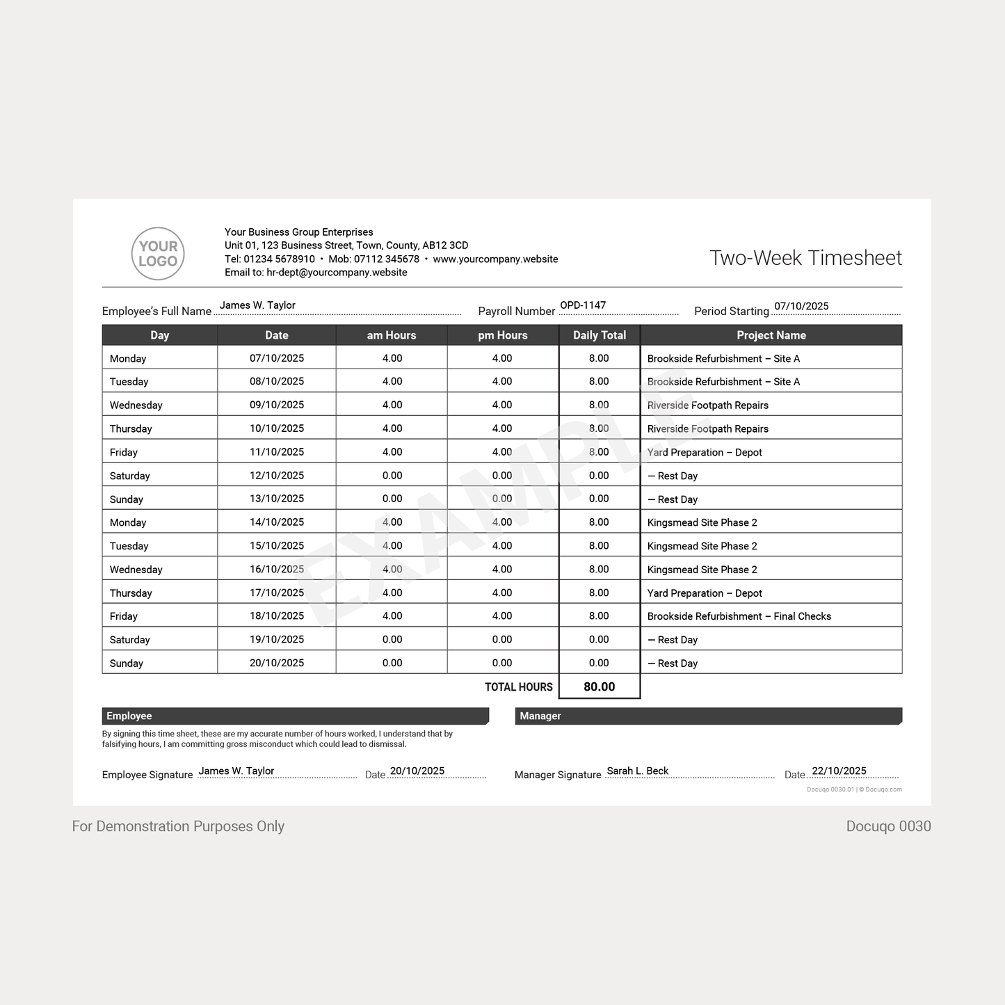 Example Two-Week Timesheet Template with Employee Hours (Docuqo 0030)