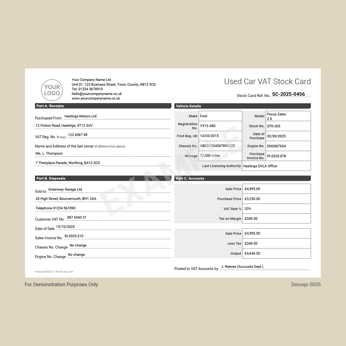 Example Used Car VAT Stock Card Template for UK Motor Trade (Docuqo 0035)