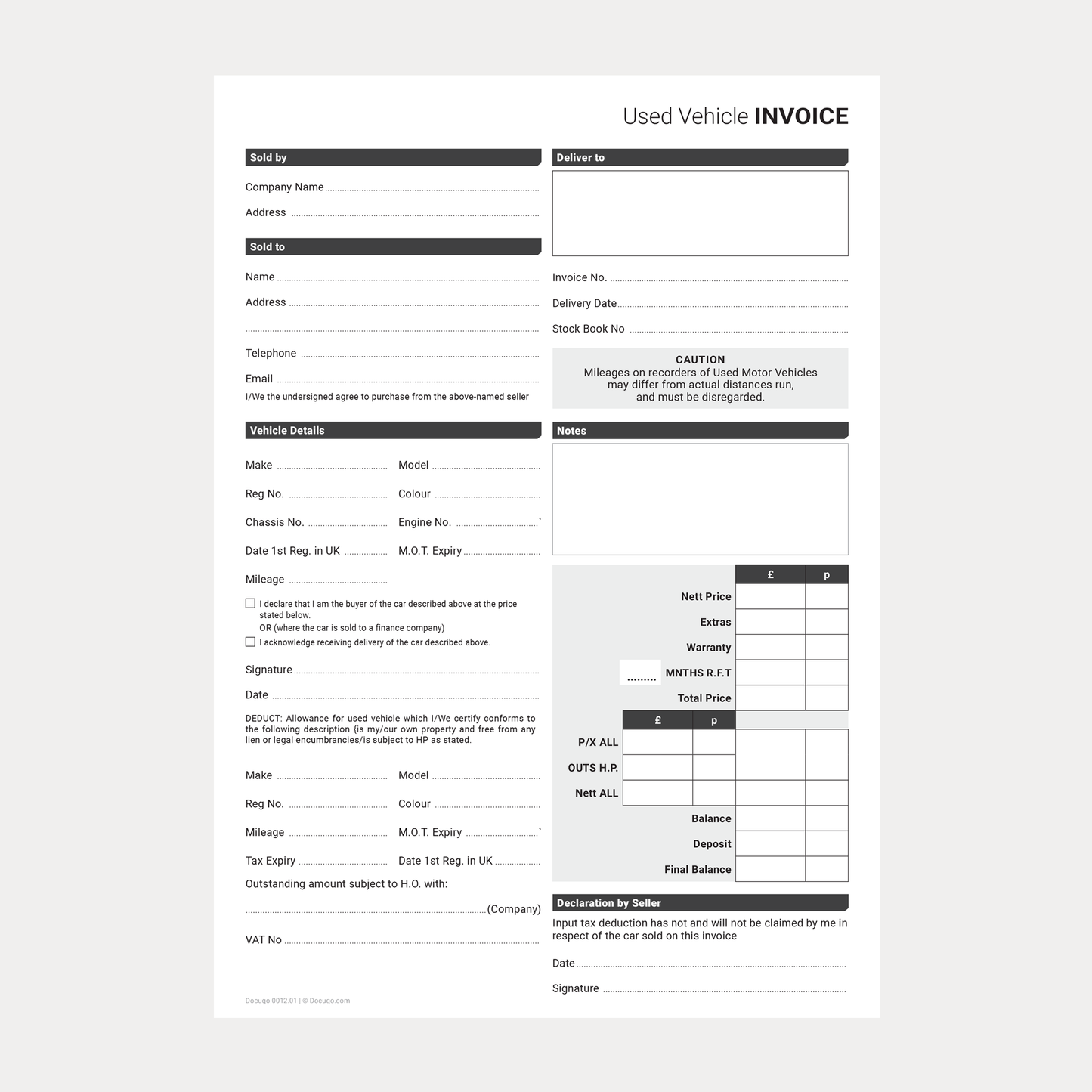 Used Vehicle Invoice Template – Fillable PDF A4 Download (Docuqo 0012)