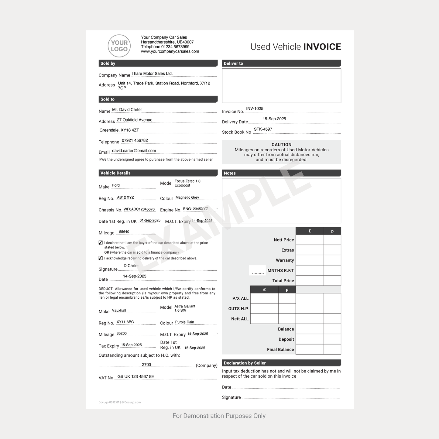 Used Vehicle Invoice Template – Fillable PDF A4 Download (Docuqo 0012)