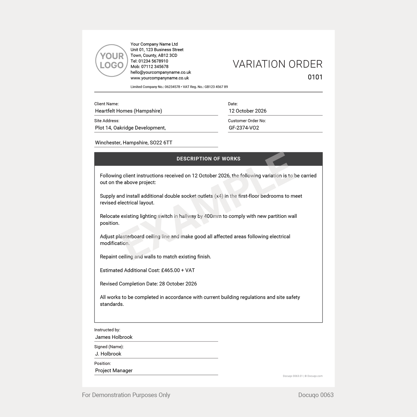 Variation Order Form Template (UK, A4 Fillable PDF) – Construction & Project Management (Docuqo 0063)