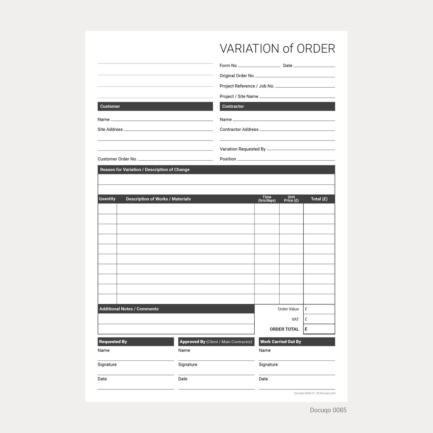 Variation Order & Works Forms Pack UK – Contractor Blank With Heading Lines Fillable PDF Templates
