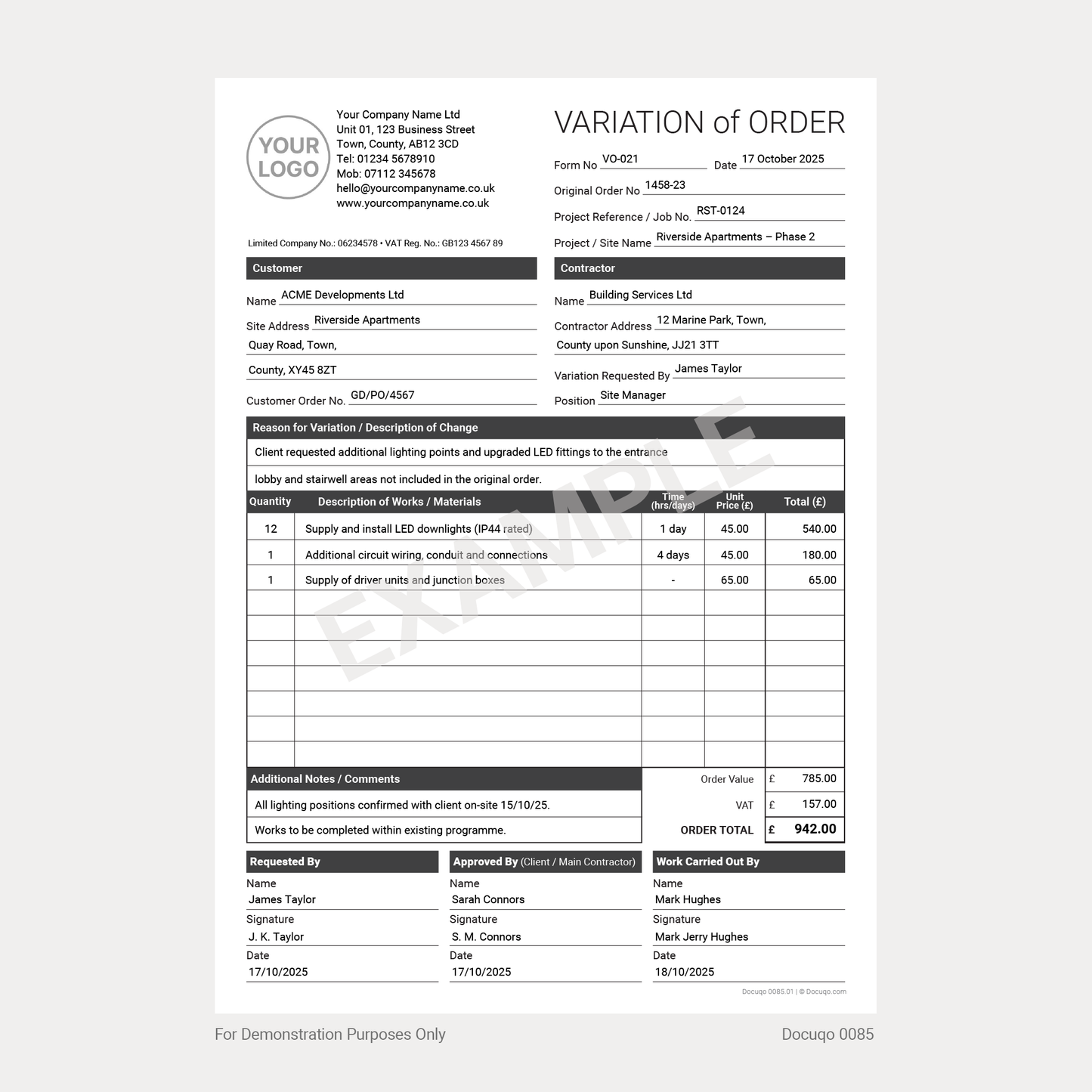 Variation Order & Works Forms Pack UK – Contractor Filled Example of Fillable PDF Templates