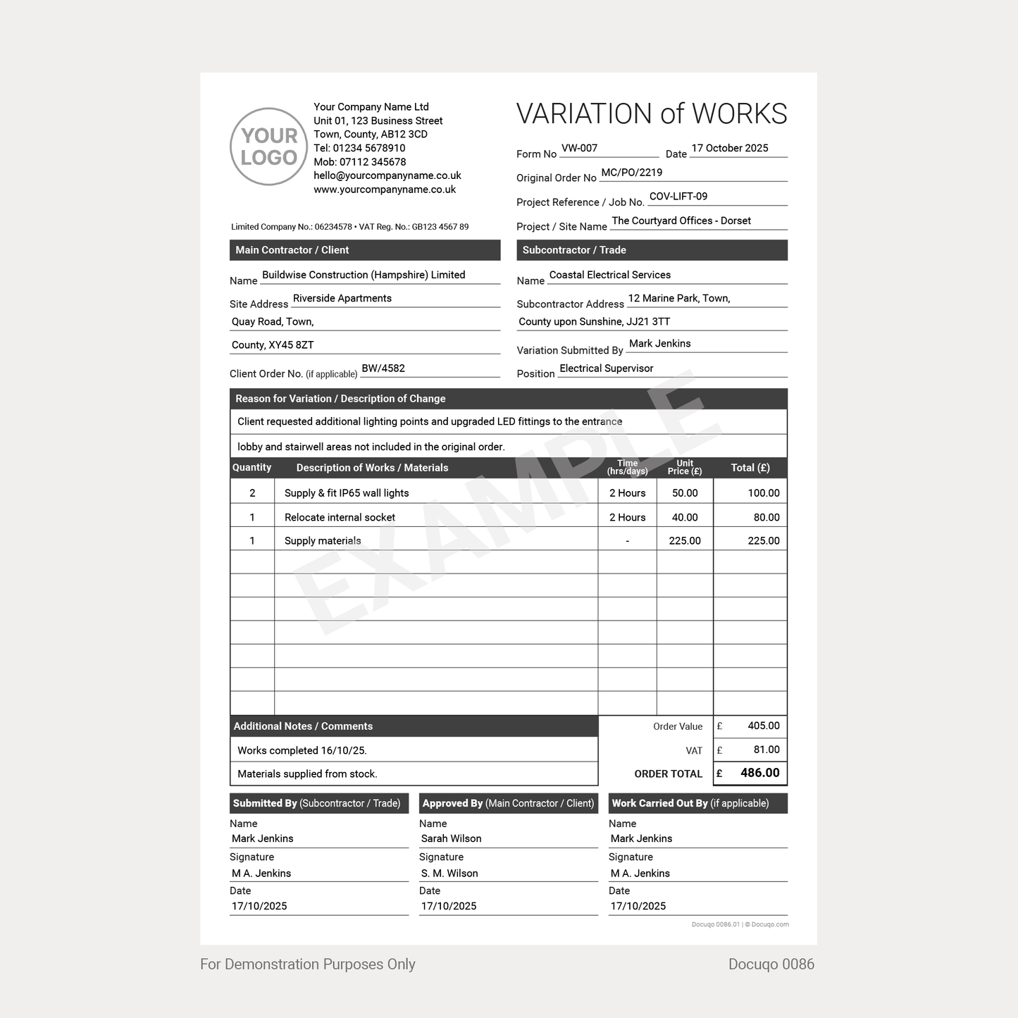 Variation Order & Works Forms Pack UK – Fill In Text On Screen Example of Subcontractor Fillable PDF Templates