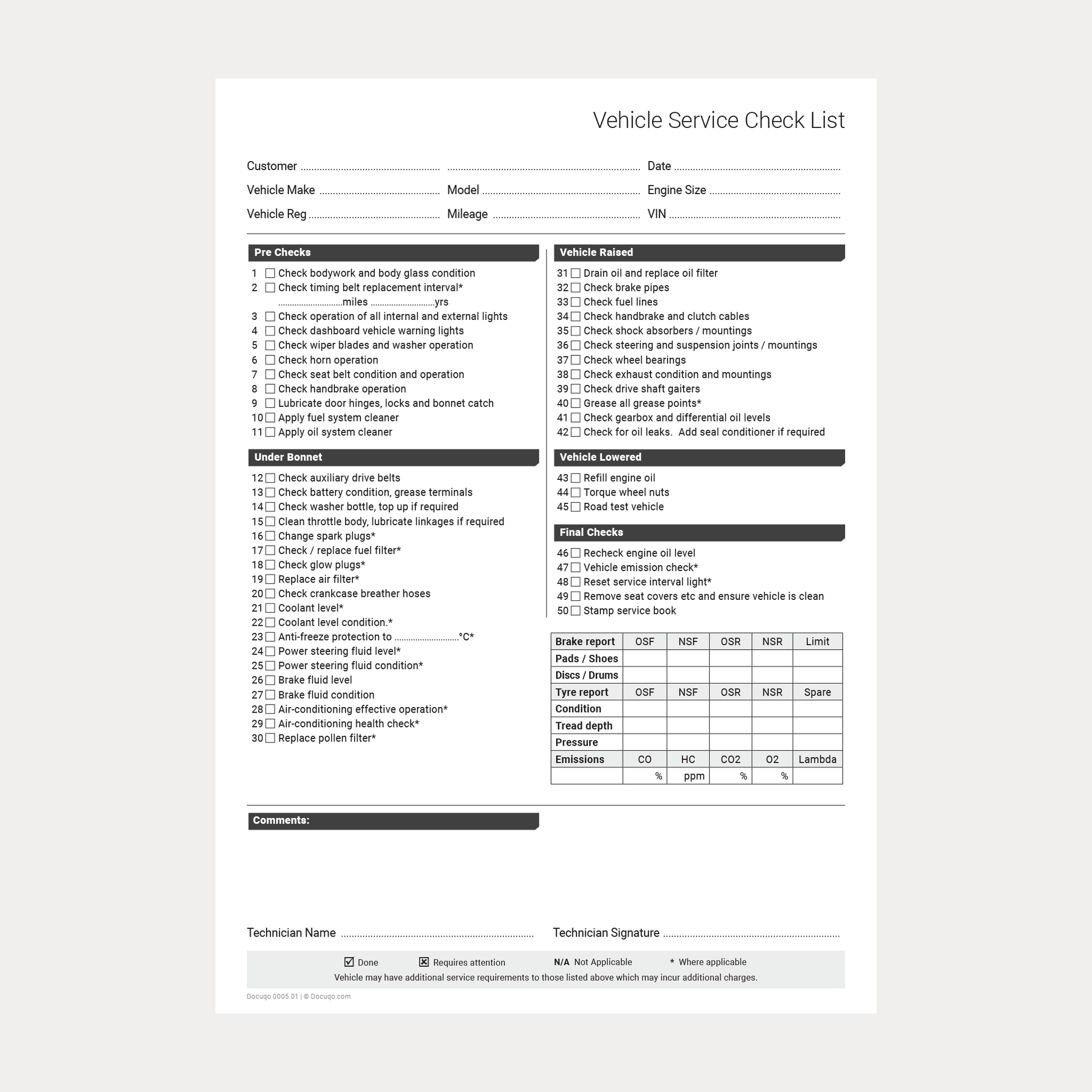 Blank Vehicle Service Checklist printable PDF template – Docuqo 0005