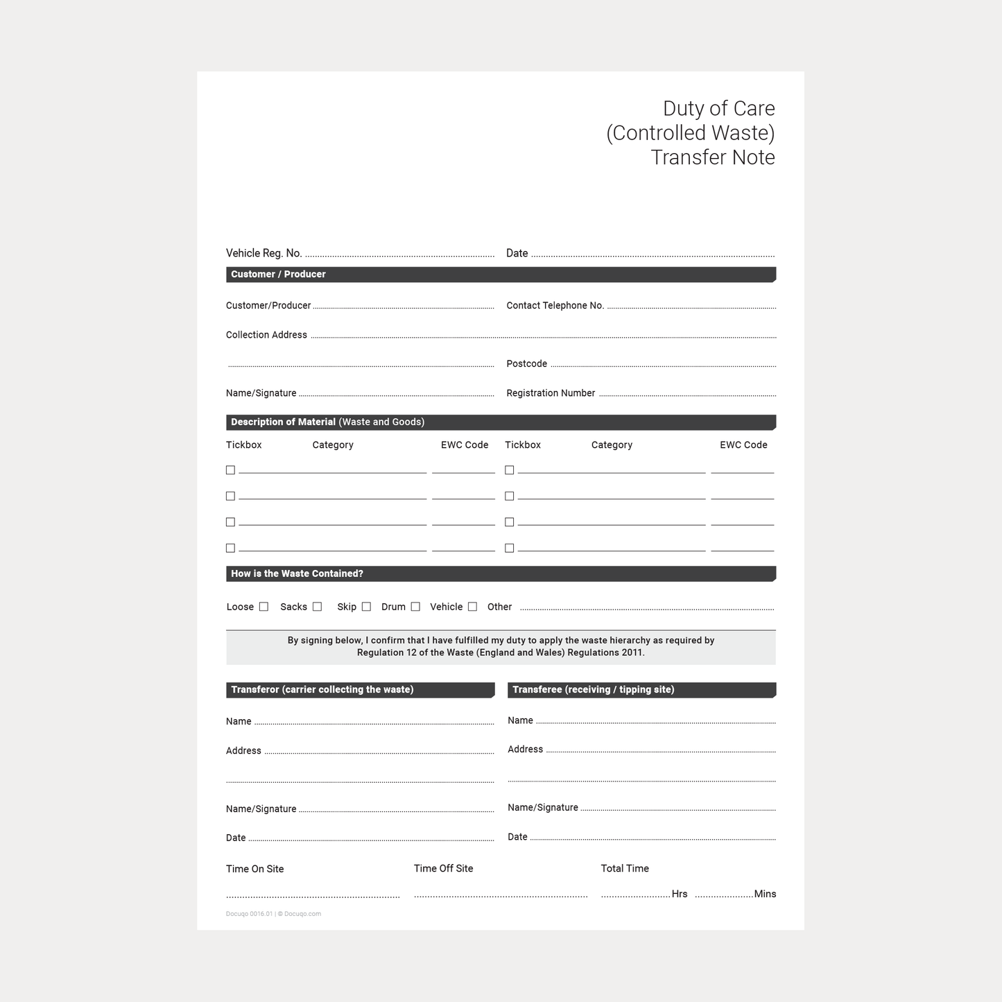 Complete Waste Transfer Note Pack UK – Duty of Care, Controlled & Hazardous Waste A4 Fillable PDFs (Docuqo 0082)