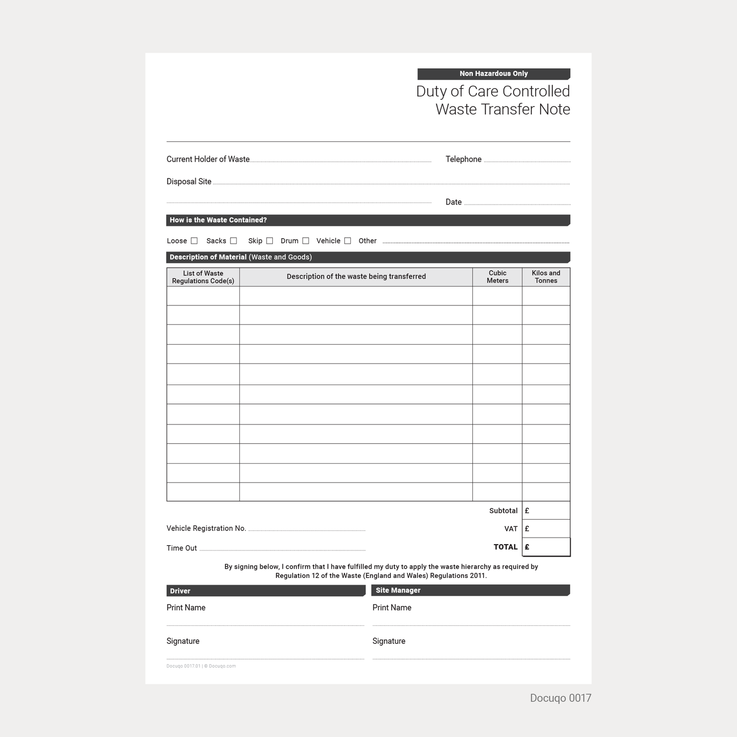 Complete Waste Transfer Note Pack UK – Duty of Care, Controlled & Hazardous Waste A4 Fillable PDFs (Docuqo 0082)