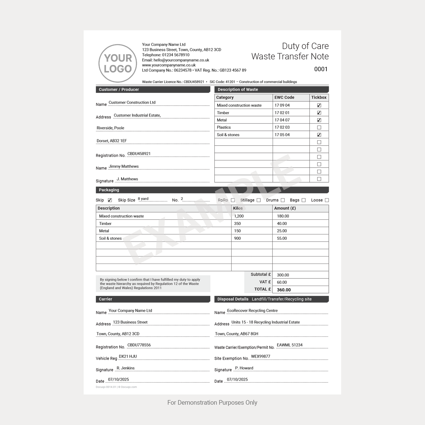 Complete Waste Transfer Note Pack UK – Duty of Care, Controlled & Hazardous Waste A4 Fillable PDFs (Docuqo 0082)