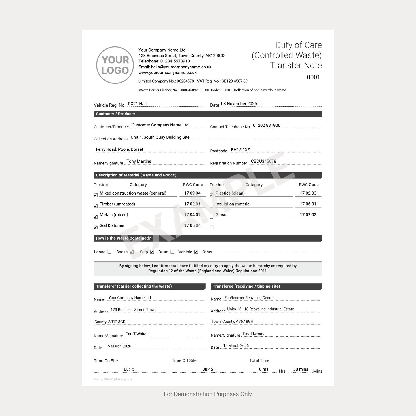 Duty of Care (Controlled Waste) Transfer Note (UK, A4 Fillable PDF) – For Licensed Waste Carriers & Producers (Docuqo 0016)