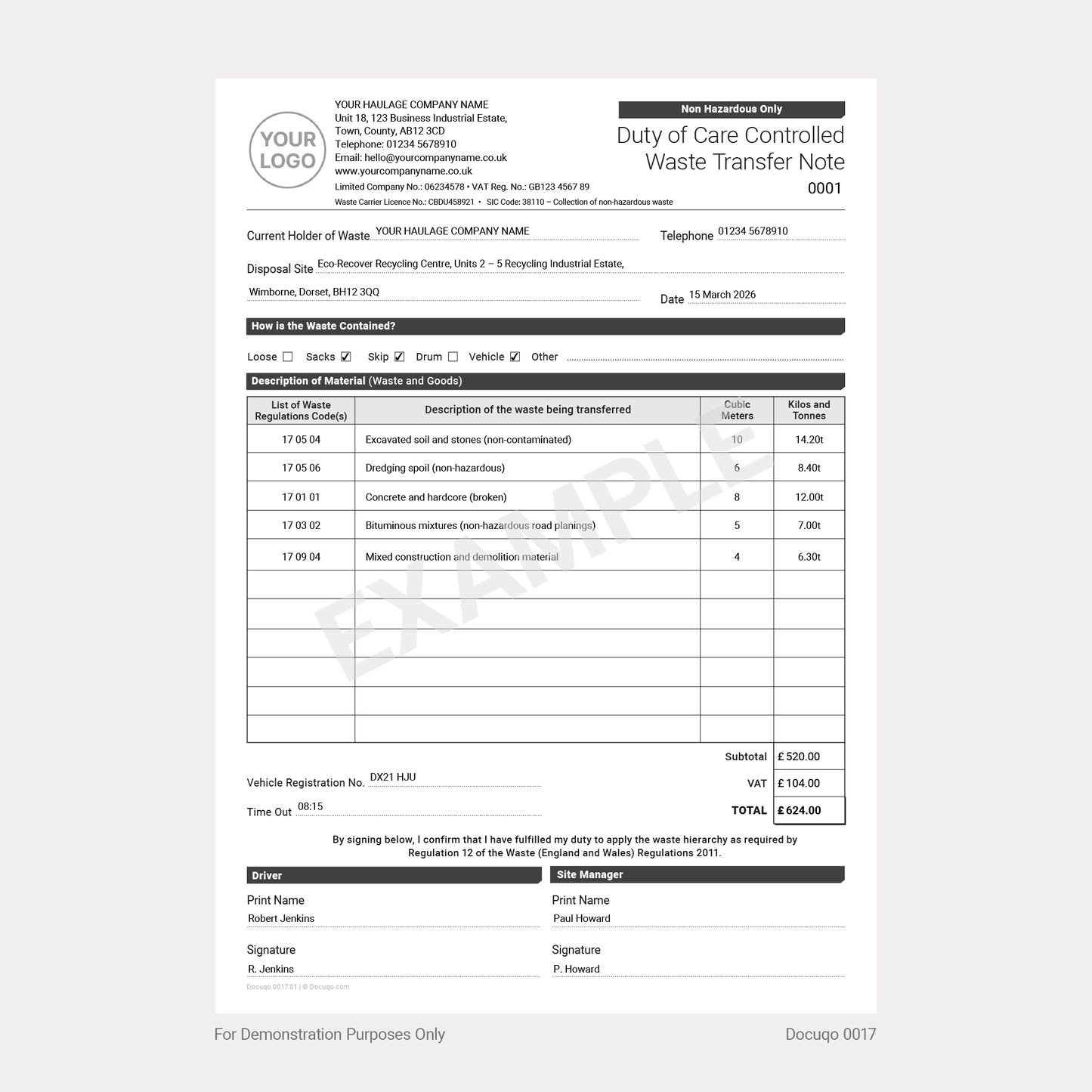 Complete Waste Transfer Note Pack UK – Duty of Care, Controlled & Hazardous Waste A4 Fillable PDFs (Docuqo 0082)