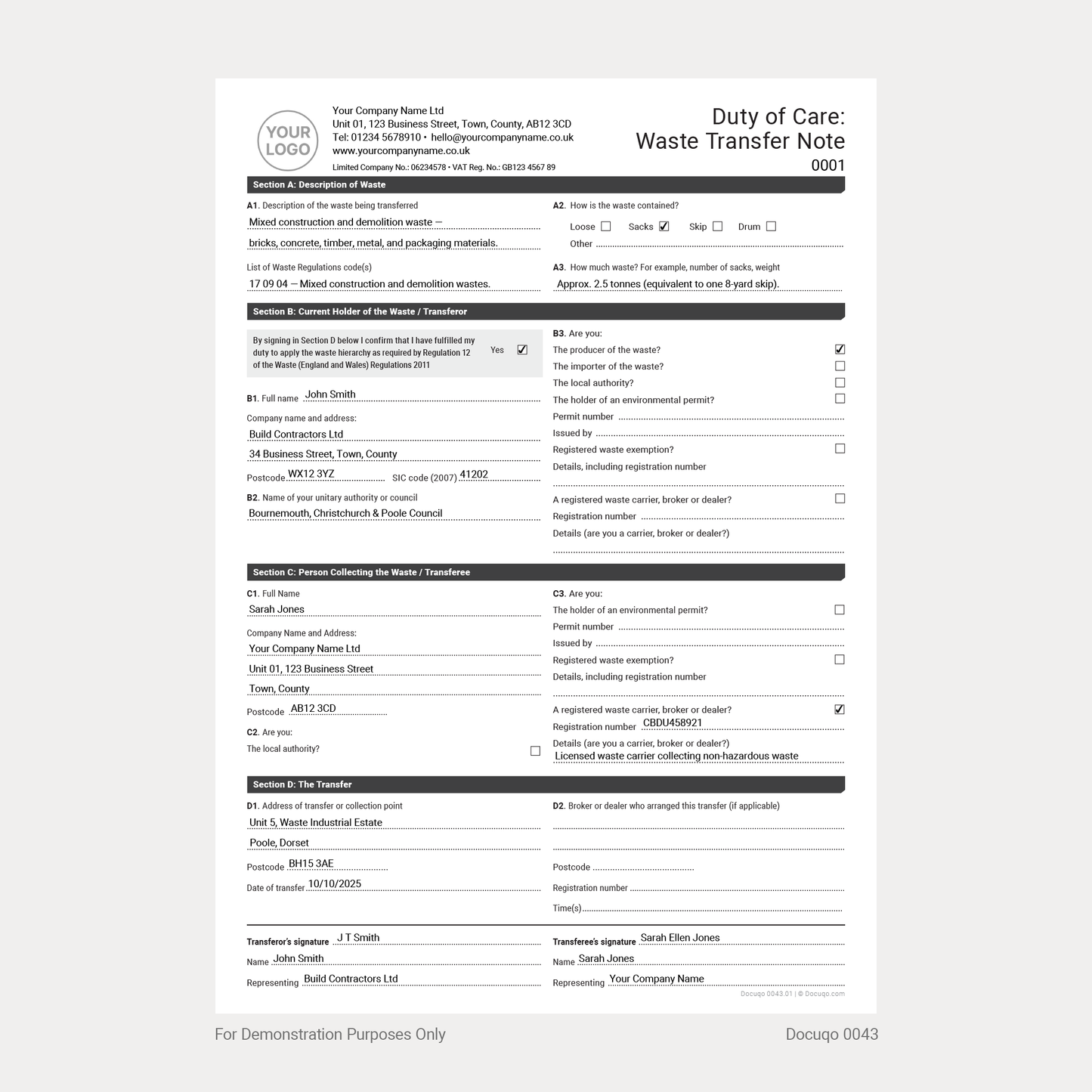 Complete Waste Transfer Note Pack UK – Duty of Care, Controlled & Hazardous Waste A4 Fillable PDFs (Docuqo 0082)