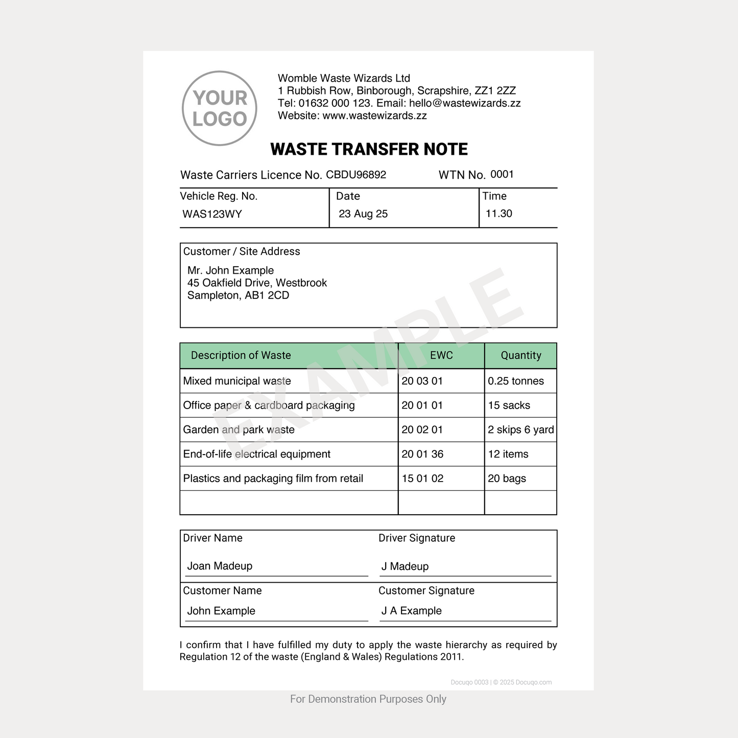 Waste Transfer Note Example Filled Out