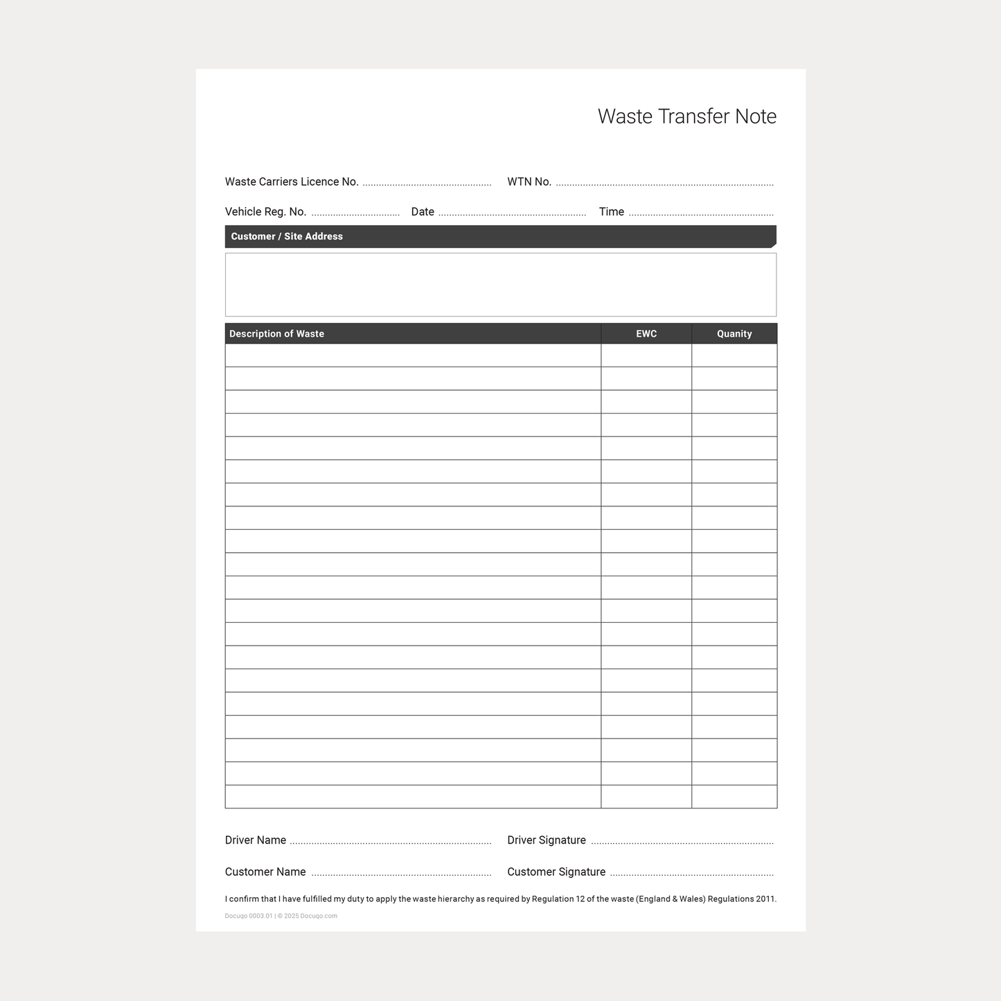 Complete Waste Transfer Note Pack UK – Duty of Care, Controlled & Hazardous Waste A4 Fillable PDFs (Docuqo 0082)