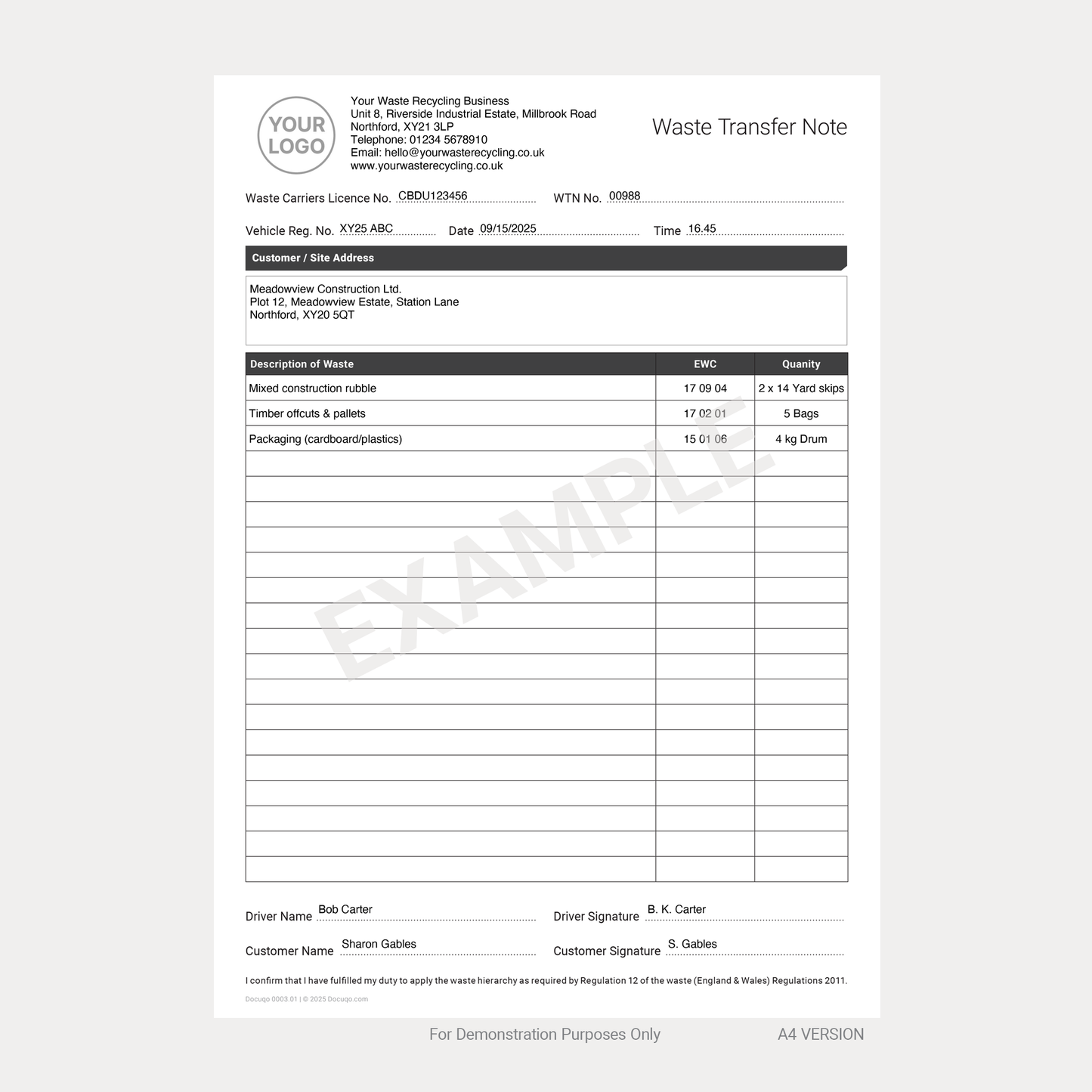 Complete Waste Transfer Note Pack UK – Duty of Care, Controlled & Hazardous Waste A4 Fillable PDFs (Docuqo 0082)