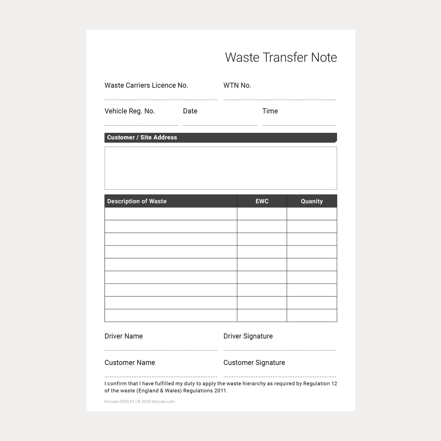 Complete Waste Transfer Note Pack UK – Duty of Care, Controlled & Hazardous Waste A4 Fillable PDFs (Docuqo 0082)