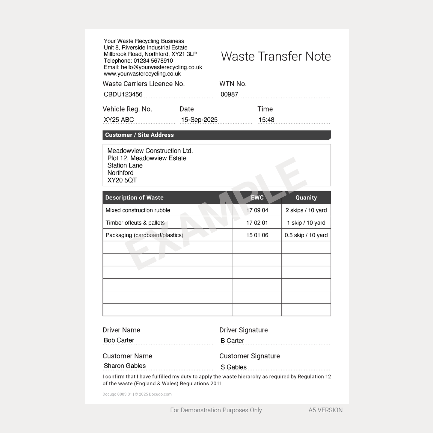 Completed Fillable PDF Waste Transfer Note A5 example showing customer, driver, and waste records – Docuqo 0003