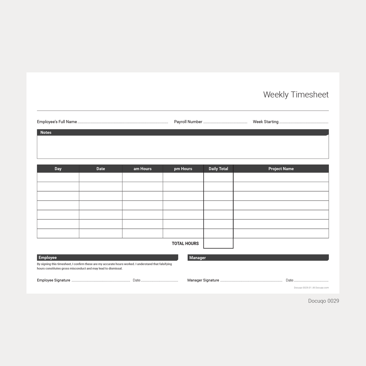 Blank Weekly Timesheet Template – A4 Fillable PDF for UK Staff (Docuqo 0029)