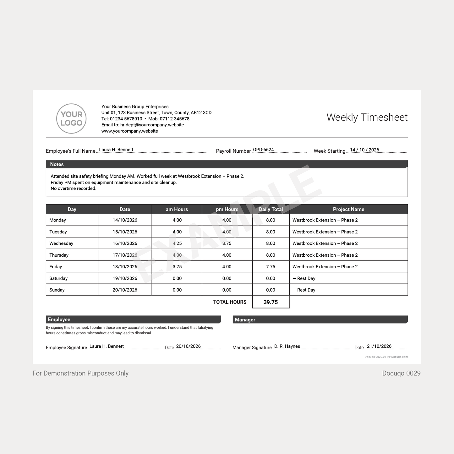 Example Weekly Timesheet Template with Employee Hours (Docuqo 0029)