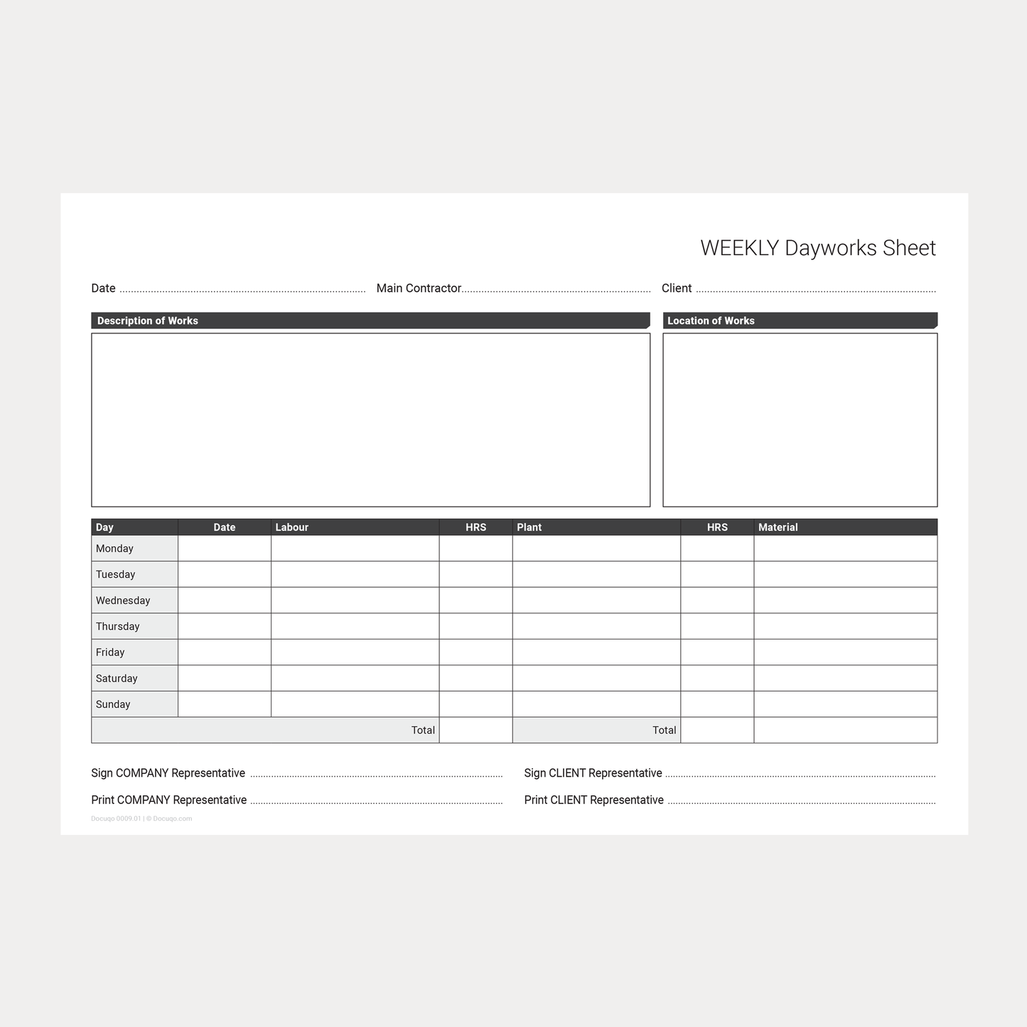 Weekly Dayworks Sheet Template – Fillable PDF A4 Download (Docuqo 0009)