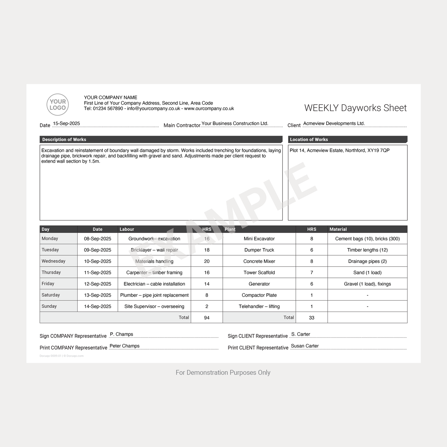 Weekly Dayworks Sheet Template – Fillable PDF A4 Download (Docuqo 0009)