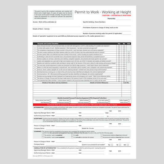 Working at Height – Permit to Work (UK) | A4 Fillable PDF | Docuqo 0099