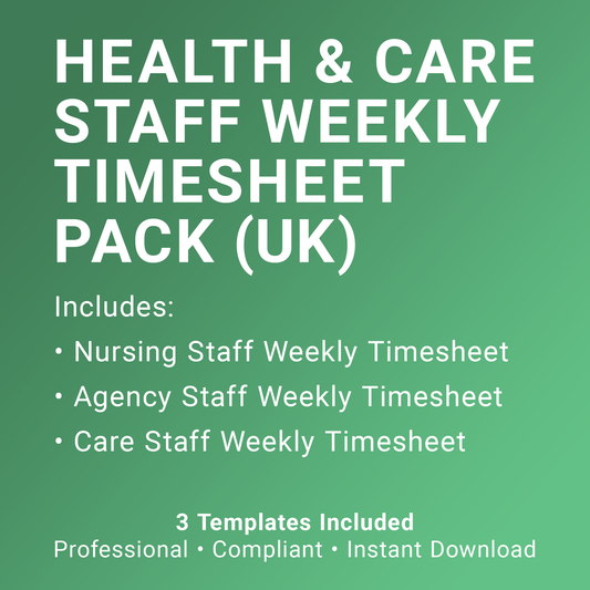 Health & Care Staff Weekly Timesheet Pack (UK, A4 Fillable PDFs) – Nursing, Agency & Care Templates (Docuqo 0094)