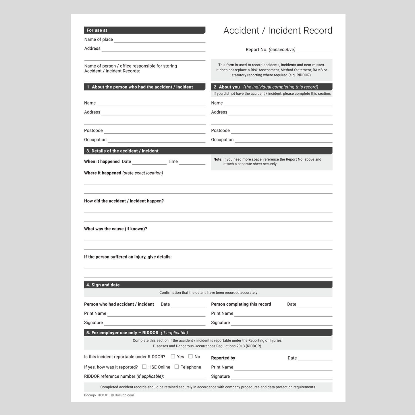 Accident Incident Record Blank Template UK – A4 fillable PDF form
