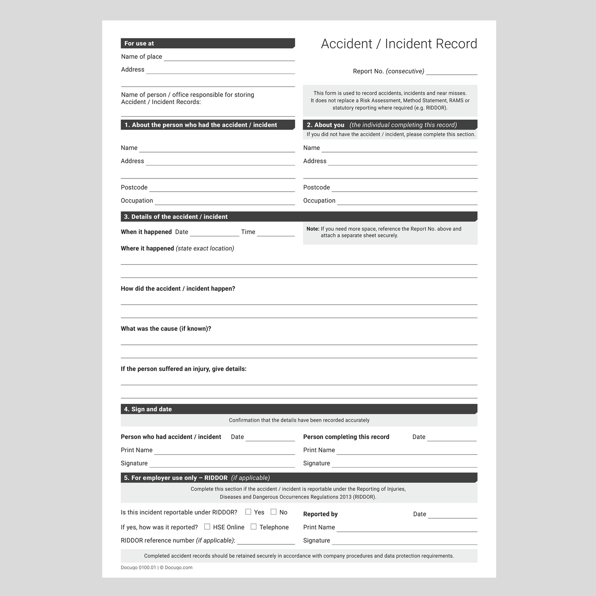 Accident Incident Record Blank Template UK – A4 fillable PDF form