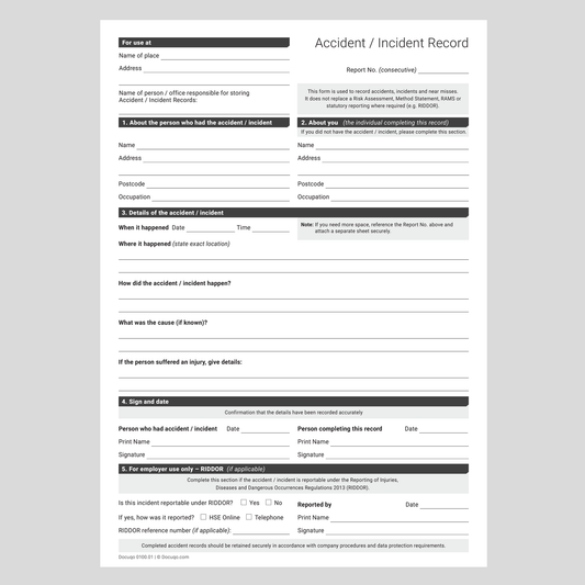 Accident Incident Record Blank Template UK – A4 fillable PDF form