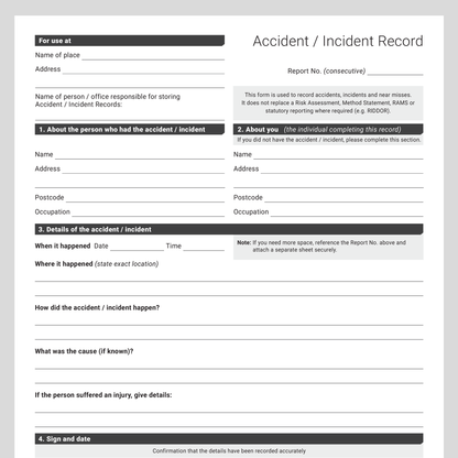 Accident / Incident Record Template (UK, A4 Fillable PDF) – Docuqo 0100