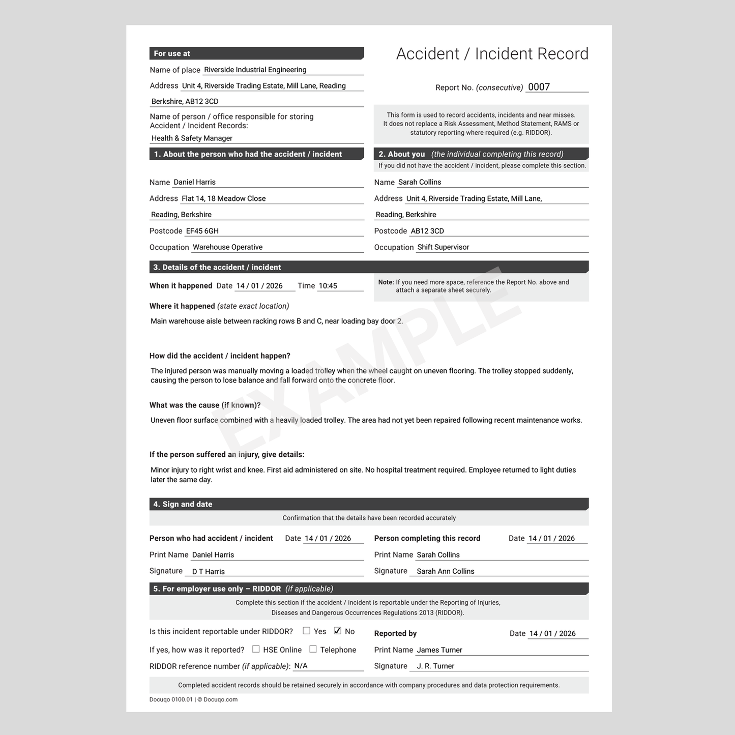 Completed Accident Incident Record example showing workplace accident details and RIDDOR section