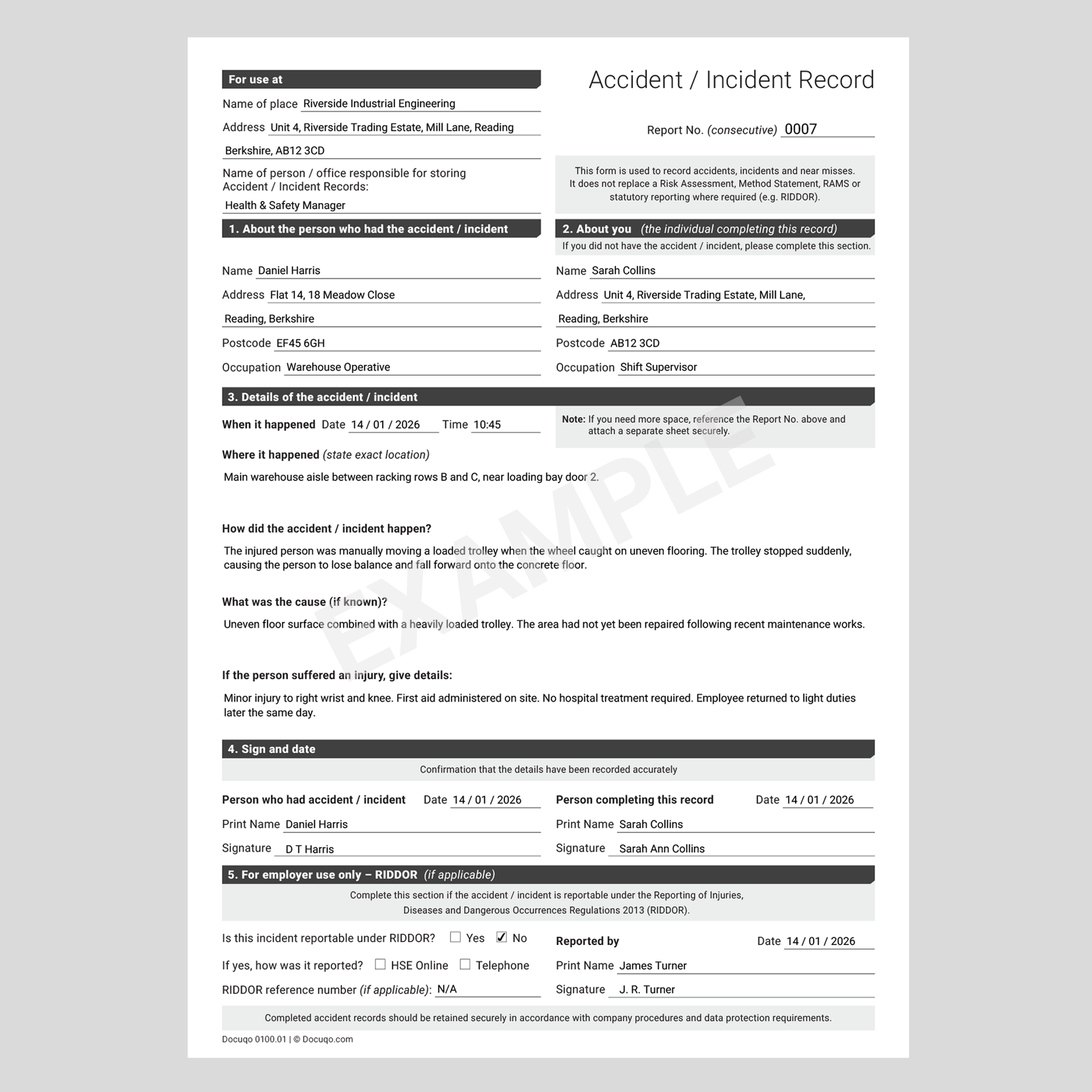 Completed Accident Incident Record example showing workplace accident details and RIDDOR section