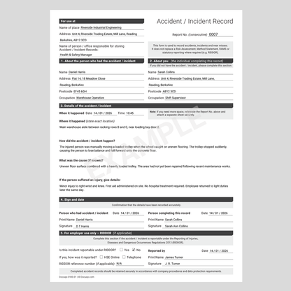 Completed Accident Incident Record example showing workplace accident details and RIDDOR section