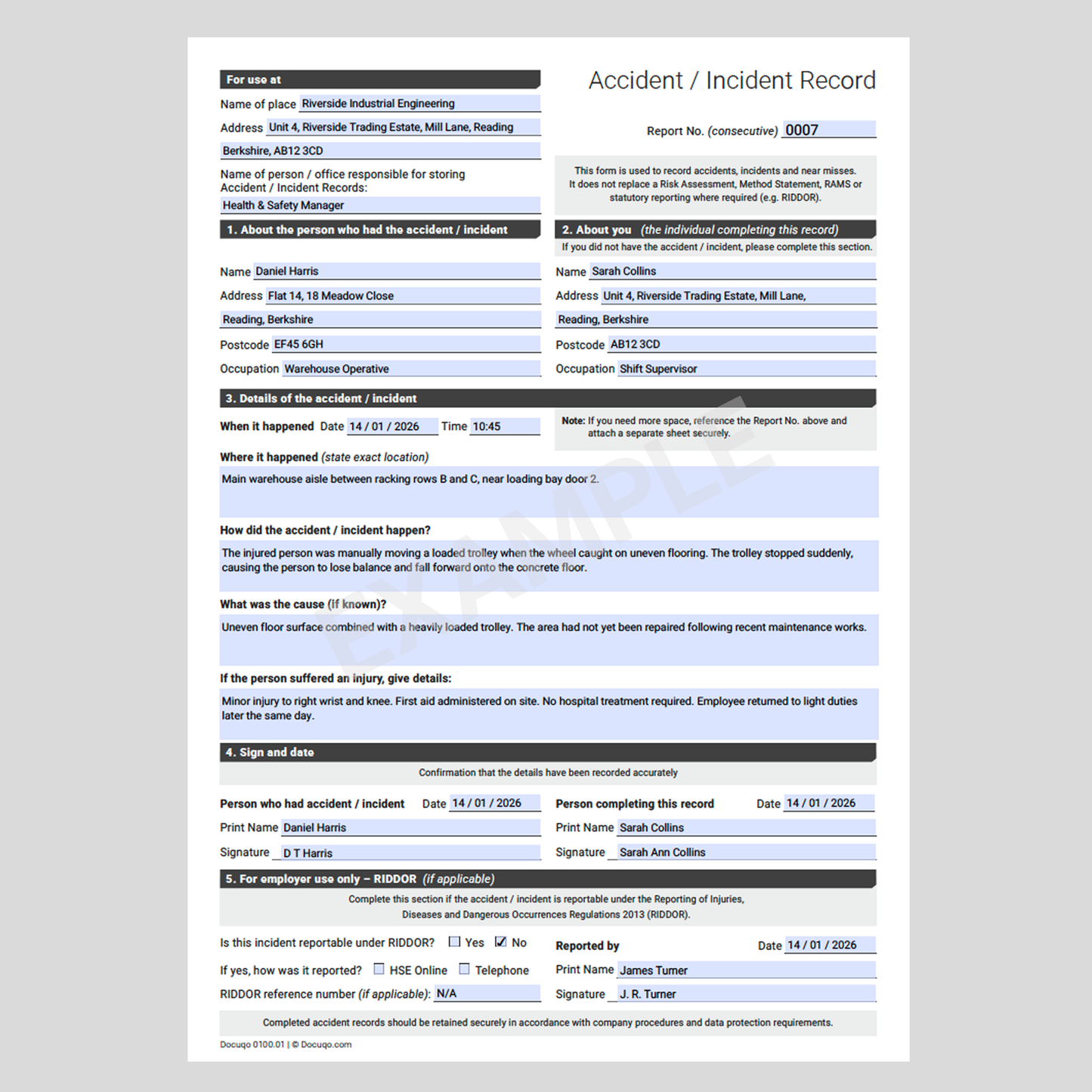 Completed Fillable PDF Accident Incident Record example showing workplace accident details and RIDDOR section