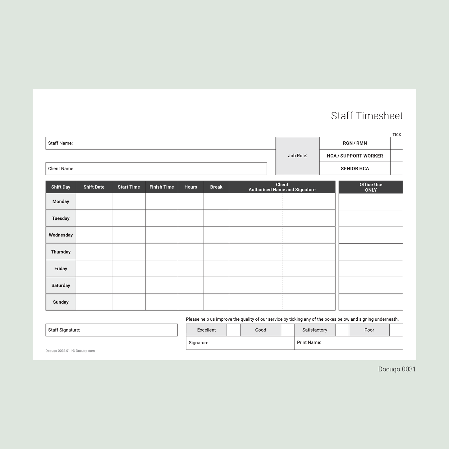 Agency Staff Timesheet (UK, A4 Fillable PDF) – Nursing, Care & Support Worker Template (Docuqo 0031)